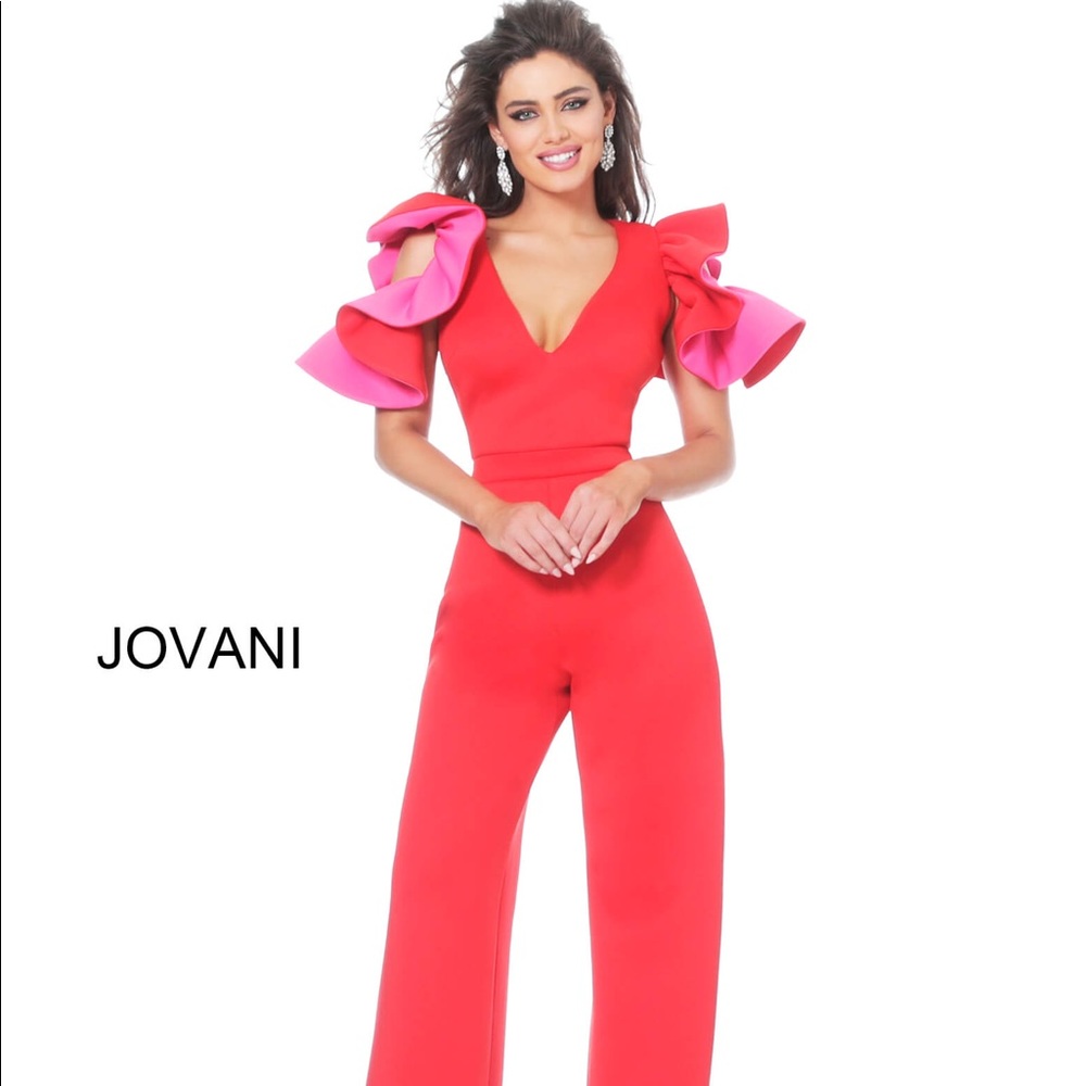 Jovani Red Fuchsia Jumpsuit with Rhinestones